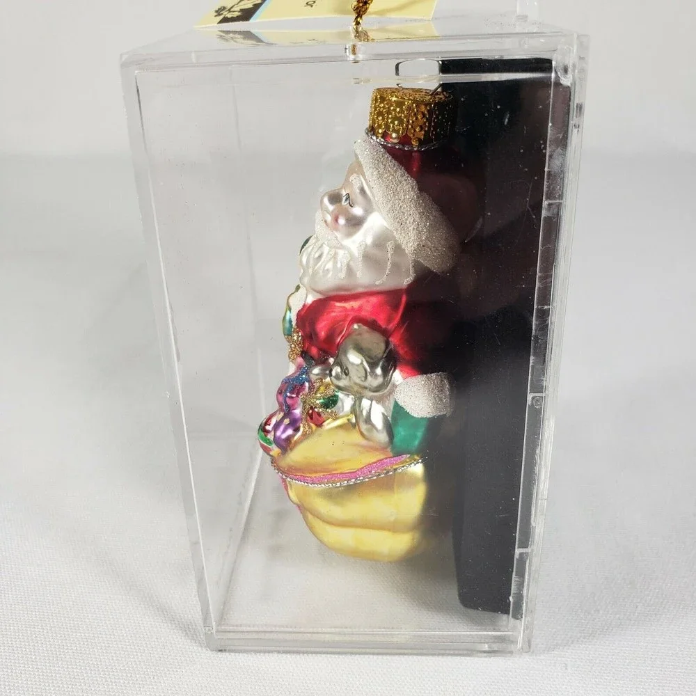 Sterling Designers Studio Hand Crafted Glass Christmas Ornament Santa w/ Toy Bag